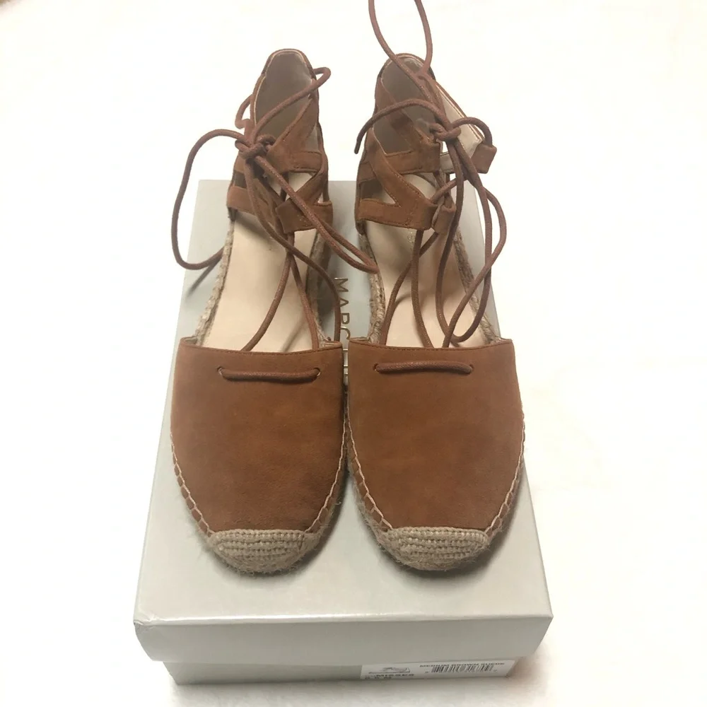Marc Fisher Suede Lace Up Espadrille Sandals Camel Brown Ankle Tie Size 8.5